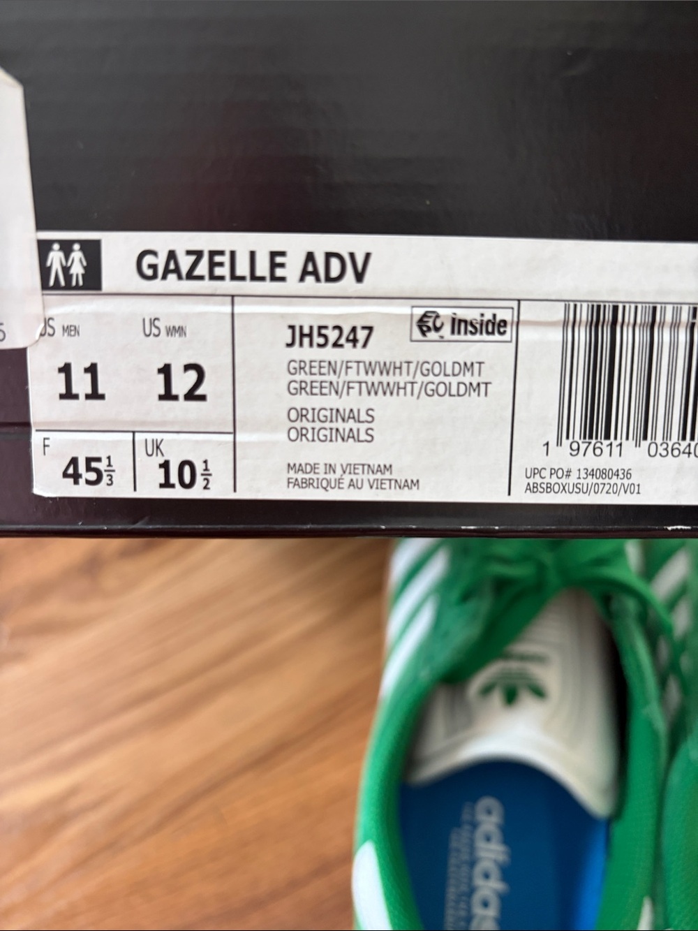 adidas Gazelle ADV shoes in a "Green/Cloud White/Gum" colorway. - Picture 7 of 8